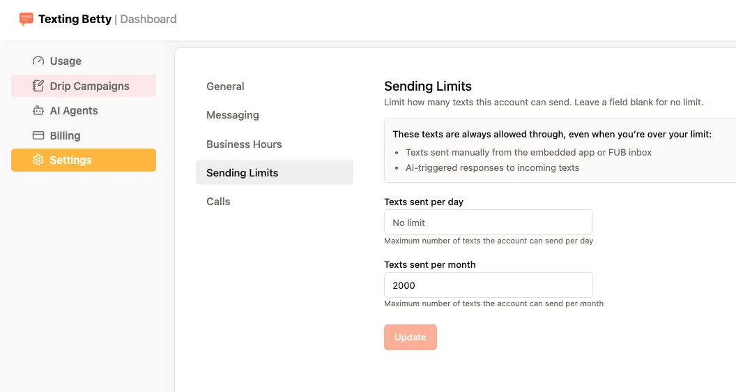 Daily and monthly sending limit settings in the Texting Betty dashboard