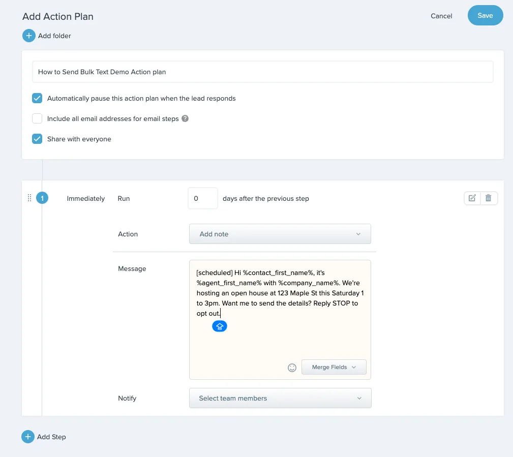 One-step Action Plan in Follow Up Boss with a Texting Betty text in an Add Note step
