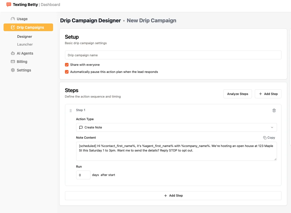 One-step bulk text in the Drip Campaign Designer in the Texting Betty dashboard