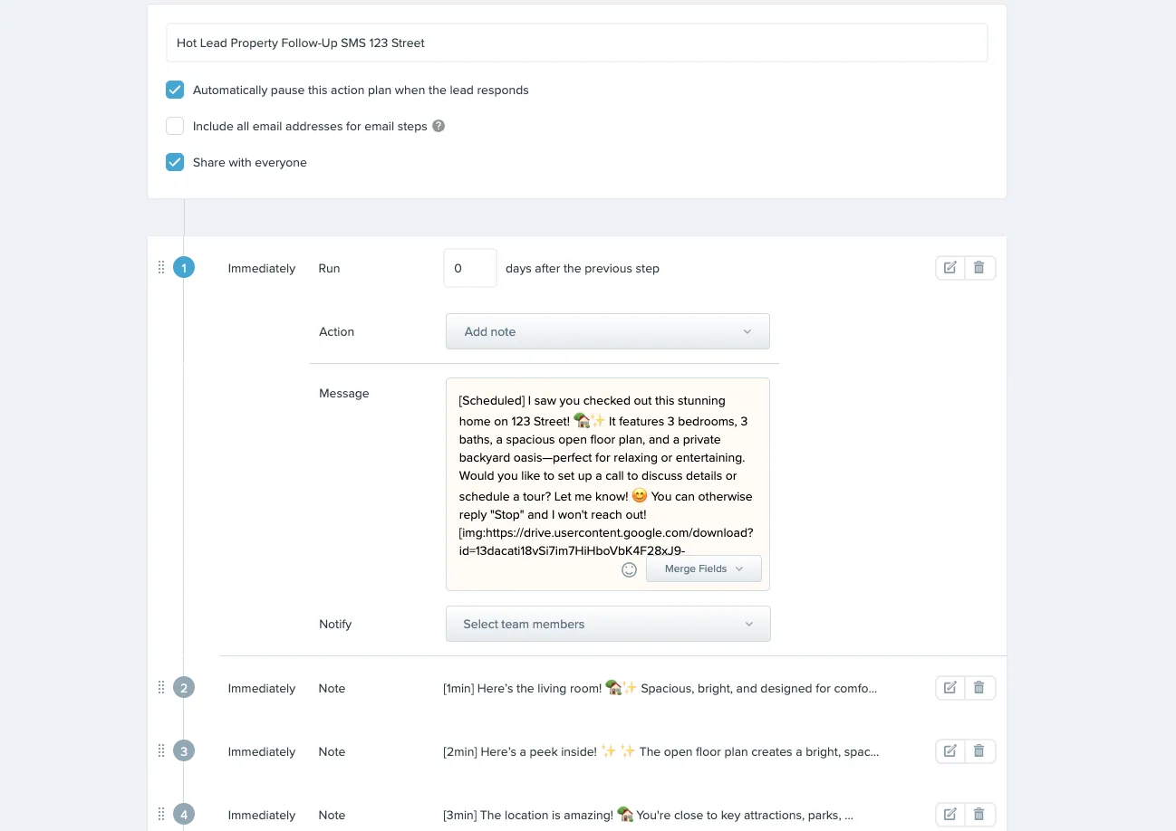 Automated Texting Betty text step inside a Follow Up Boss Action Plan