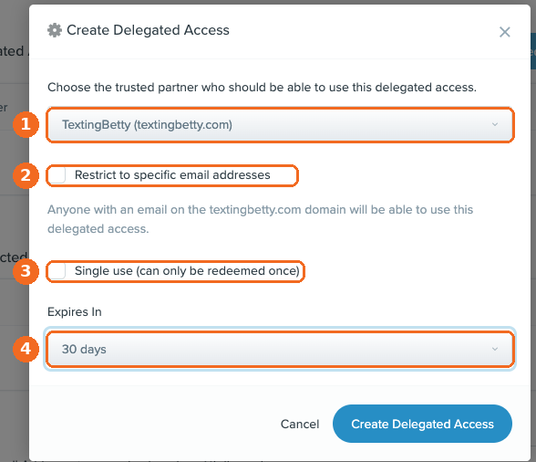 Create Delegated Access window in Follow Up Boss showing trusted partner, email restriction, single use, and expiration fields