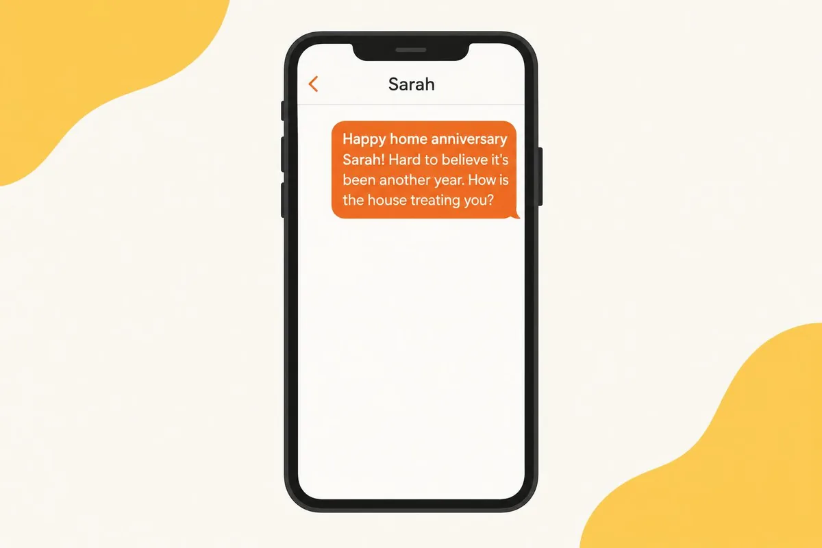 Phone screen showing a home anniversary text to a past real estate client