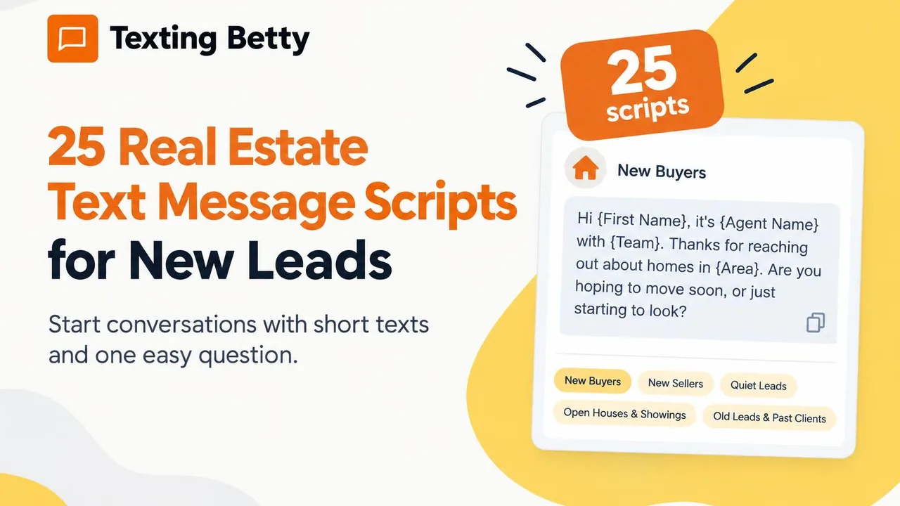 Texting Betty banner with the headline 25 Real Estate Text Message Scripts for New Leads and a script card for new buyer leads