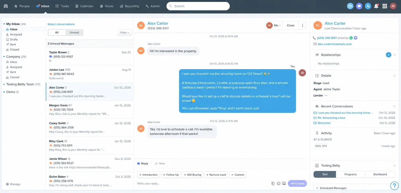 Texting Betty conversation in the Follow Up Boss inbox, with the Inbox App panel on the right