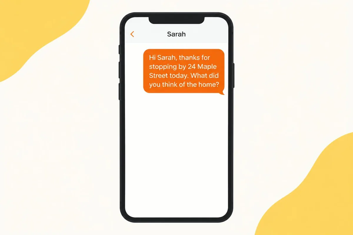 Phone screen showing an open house thank-you text from a real estate agent