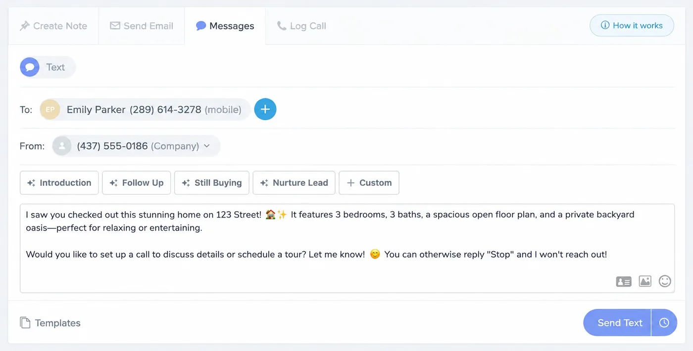 Sending a text message from a lead profile in Follow Up Boss