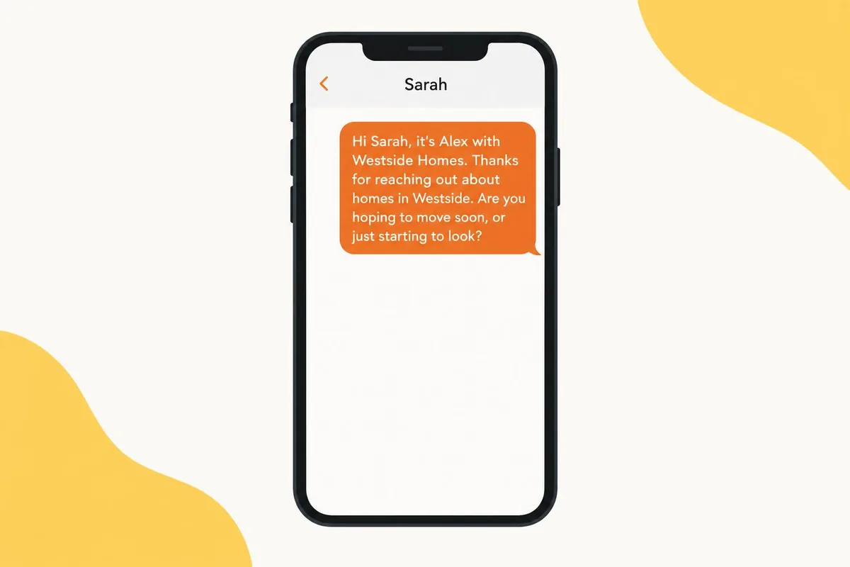 Phone screen showing a first text to a new buyer lead from a real estate agent