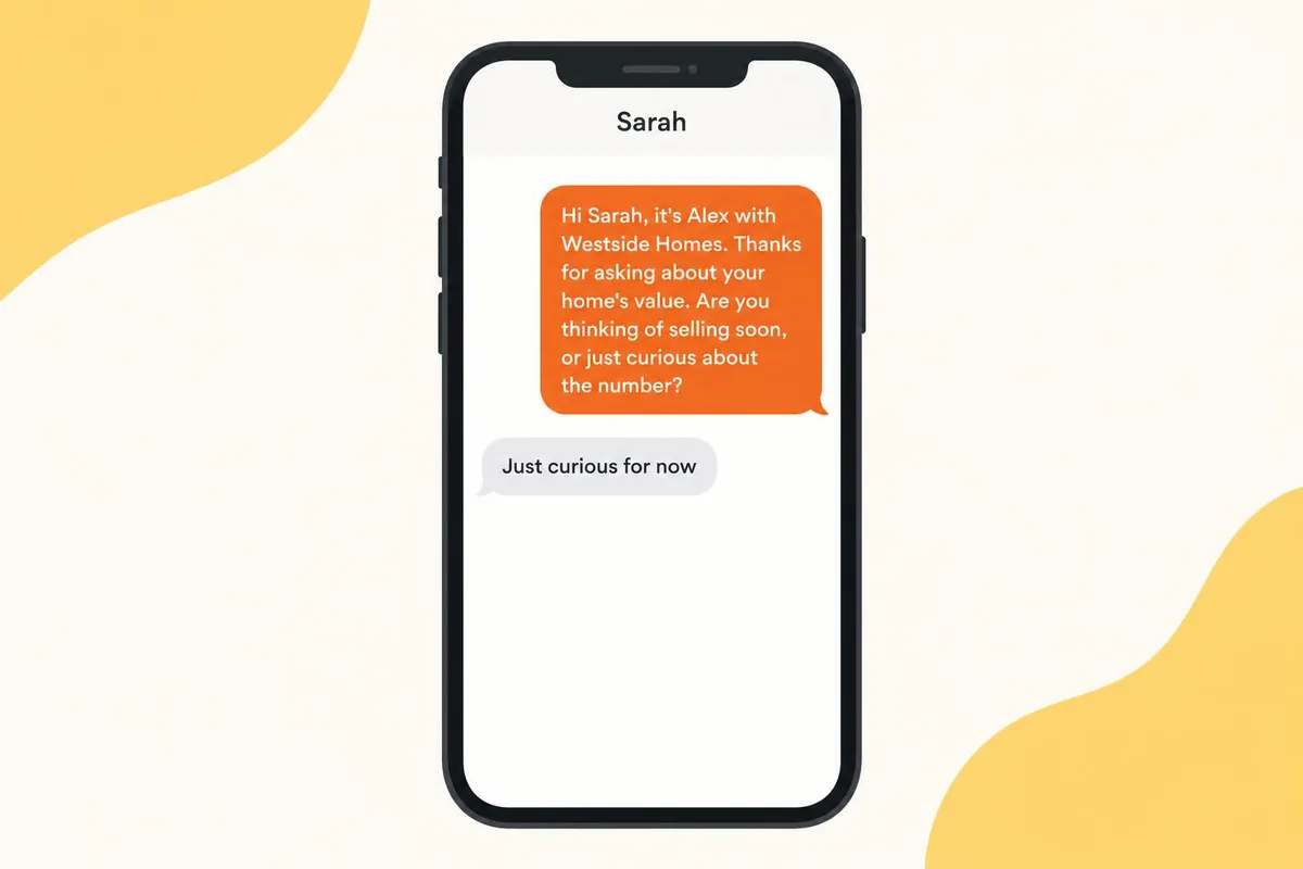 Phone screen showing a home value follow-up text to a seller lead and the lead's reply