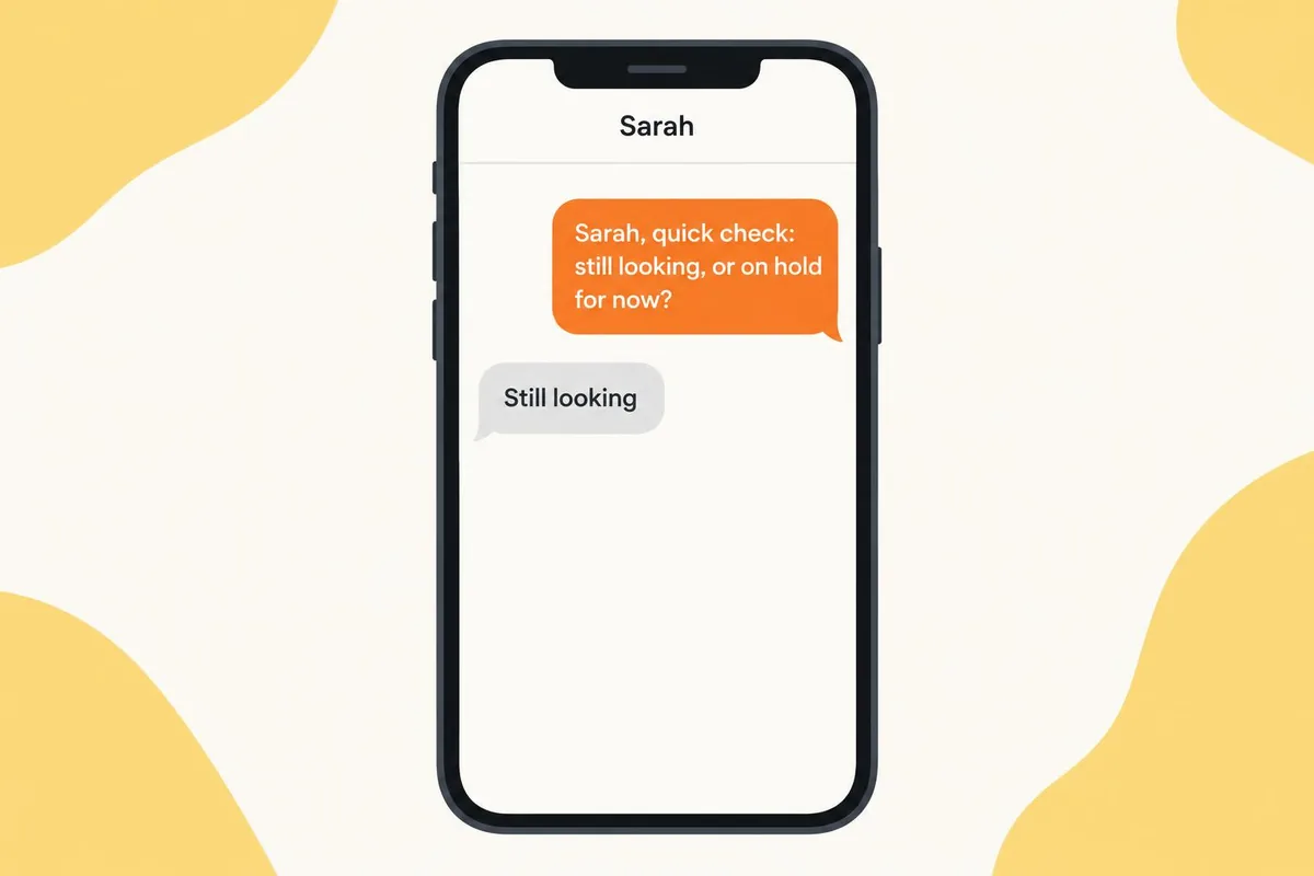Phone screen showing a short check-in text to a quiet real estate lead and a one-word reply