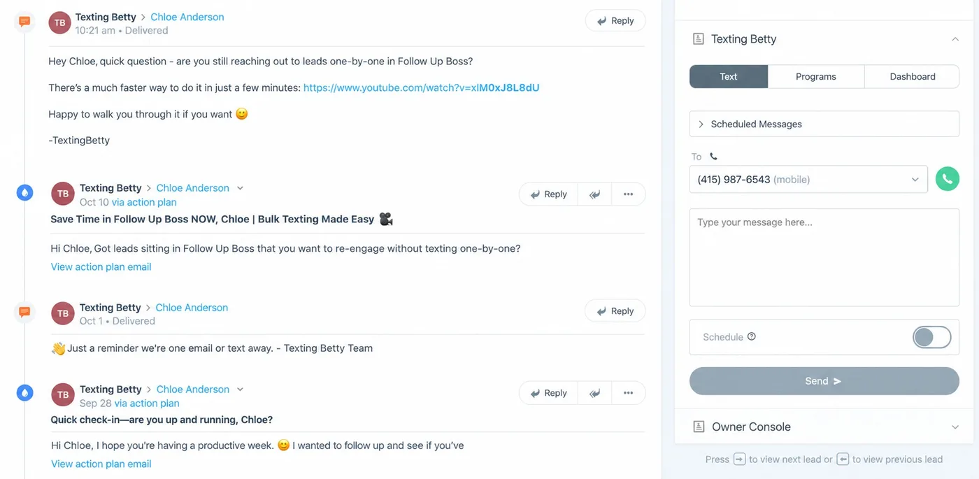 Texting Betty Embedded App inside a Follow Up Boss lead profile, next to the contact’s text timeline