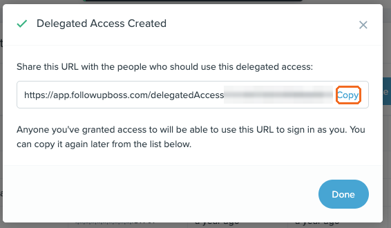 Follow Up Boss confirmation dialog showing the delegated access link ready to copy