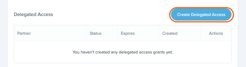 Delegated Access section in Follow Up Boss API Settings with the Create Delegated Access button