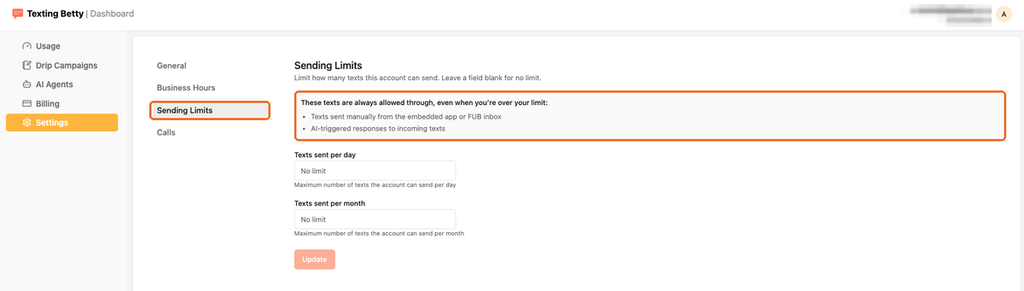 Sending Limits settings in the Texting Betty dashboard, showing the per day and per month fields.